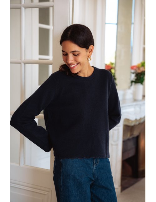 Pull Ayla - Pull marine manches longues encolure ronde ouverture dos festonnée - Douze Juin