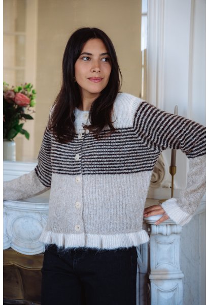 Gilet Laurène - Gilet maille tricolore manches longues volant poignets boutonnage intégral - Douze Juin