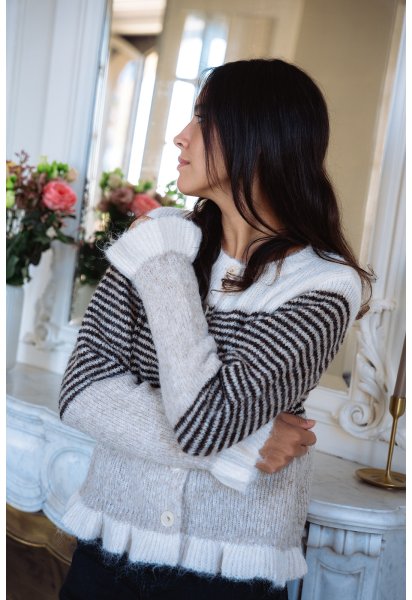 Gilet Laurène - Gilet maille tricolore manches longues volant poignets boutonnage intégral - Douze Juin