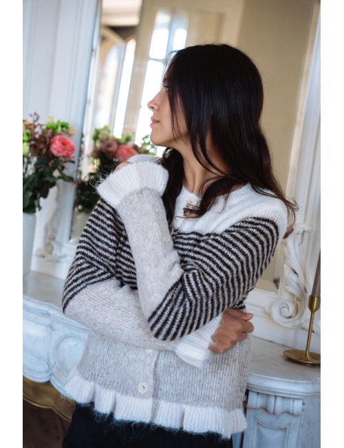 Gilet Laurène - Gilet maille tricolore manches longues volant poignets boutonnage intégral - Douze Juin