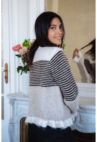 Gilet Laurène - Gilet maille tricolore manches longues volant poignets boutonnage intégral - Douze Juin