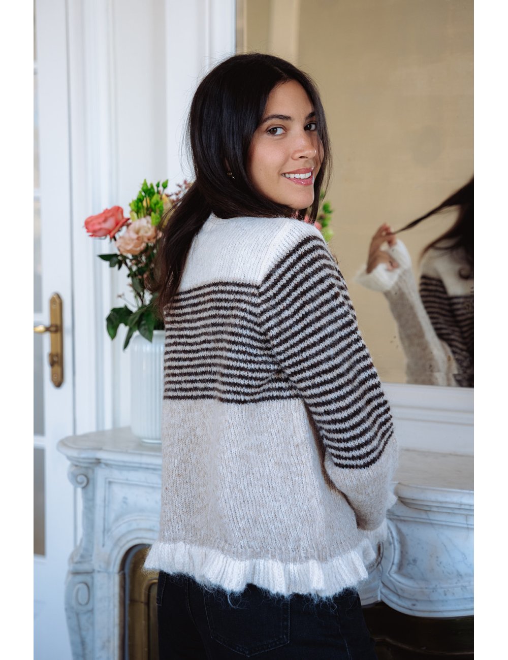 Gilet Laurène - Gilet maille tricolore manches longues volant poignets boutonnage intégral - Douze Juin
