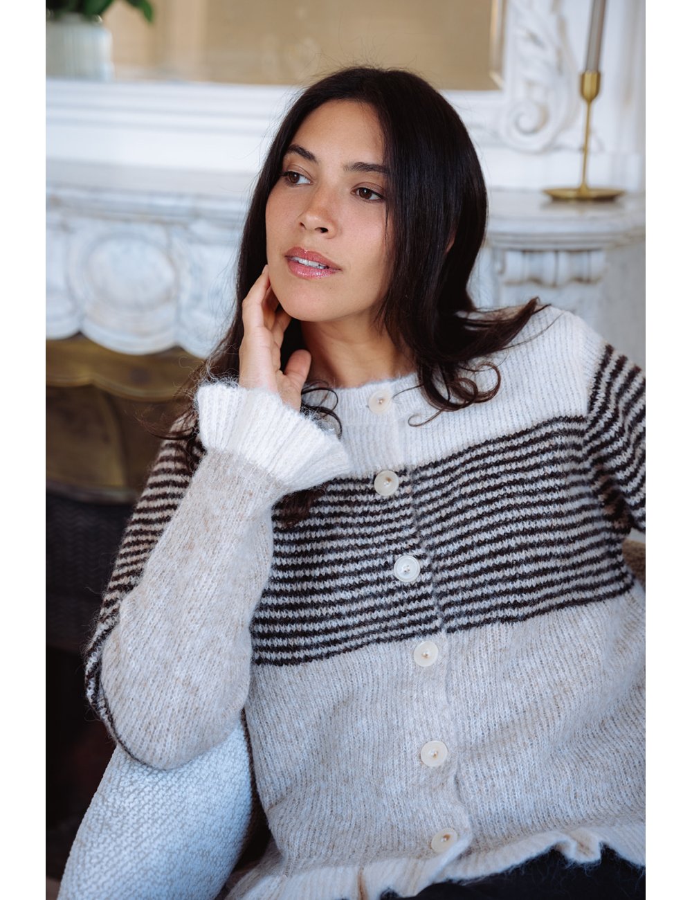 Gilet Laurène - Gilet maille tricolore manches longues volant poignets boutonnage intégral - Douze Juin