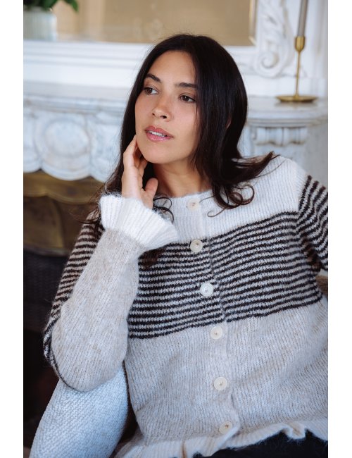 Gilet Laurène - Gilet maille tricolore manches longues volant poignets boutonnage intégral - Douze Juin