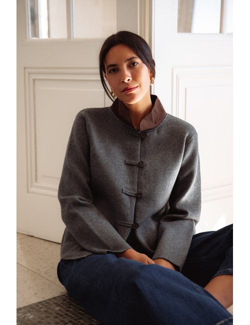 Gilet Paulin - Gilet gris manches longues col tissu marron boutonnage intégral coupe droite - Douze Juin