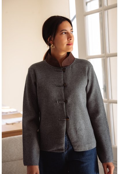 Gilet Paulin - Gilet gris manches longues col tissu marron boutonnage intégral coupe droite - Douze Juin