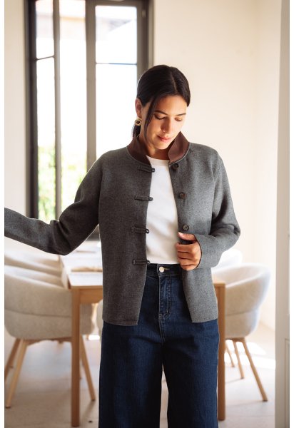 Gilet Paulin - Gilet gris manches longues col tissu marron boutonnage intégral coupe droite - Douze Juin