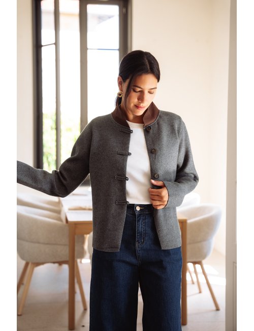 Gilet Paulin - Gilet gris manches longues col tissu marron boutonnage intégral coupe droite - Douze Juin