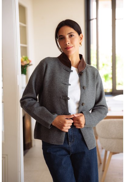 Gilet Paulin - Gilet gris manches longues col tissu marron boutonnage intégral coupe droite - Douze Juin