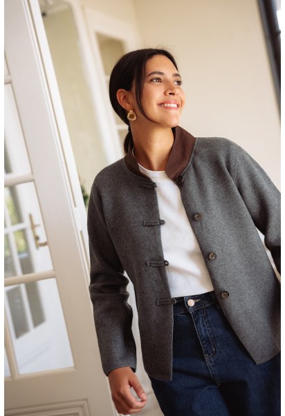 Gilet Paulin - Gilet gris manches longues col tissu marron boutonnage intégral coupe droite - Douze Juin