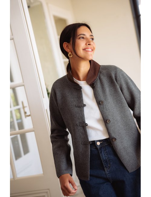 Gilet Paulin - Gilet gris manches longues col tissu marron boutonnage intégral coupe droite - Douze Juin