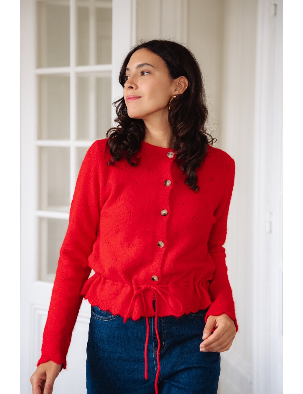 Gilet Marius - Gilet rouge manches longues boutonnage intégral finitions festonnées - Douze Juin