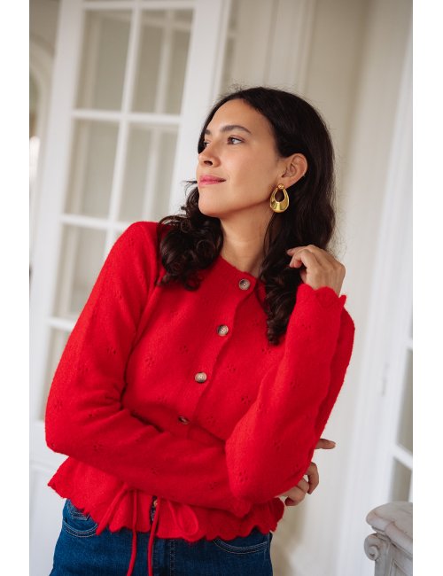 Gilet Marius - Gilet rouge manches longues boutonnage intégral finitions festonnées - Douze Juin