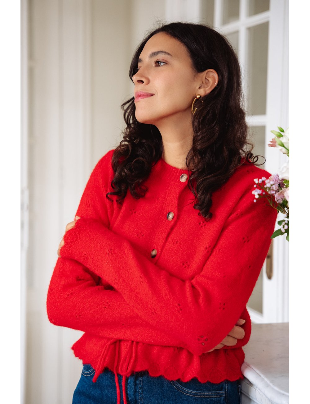 Gilet Marius - Gilet rouge manches longues boutonnage intégral finitions festonnées - Douze Juin