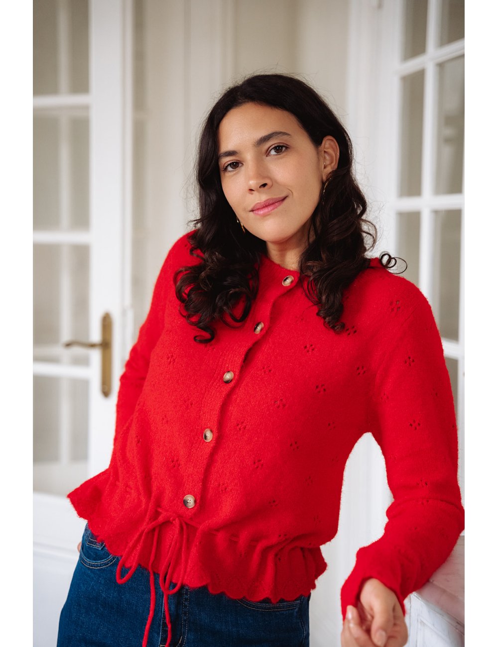 Gilet Marius - Gilet rouge manches longues boutonnage intégral finitions festonnées - Douze Juin