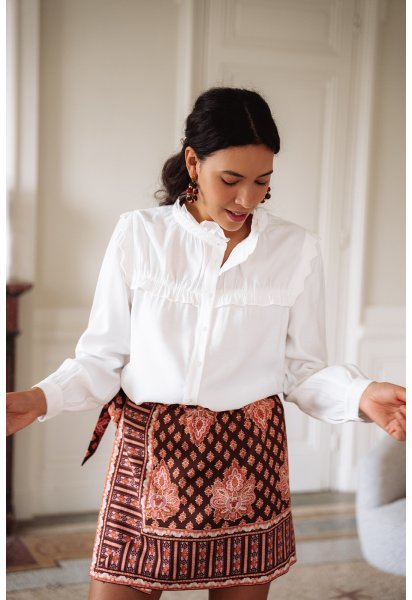 Chemise Thelma - Chemise blanche manches longues col rond volant boutonnage intégral - Douze Juin