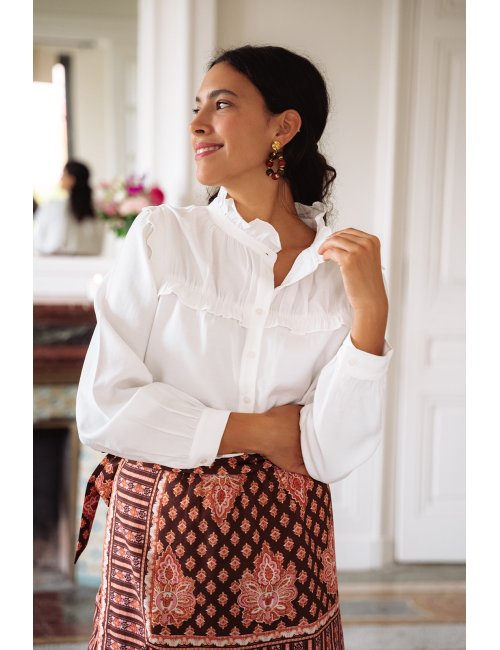 Chemise Thelma - Chemise blanche manches longues col rond volant boutonnage intégral - Douze Juin