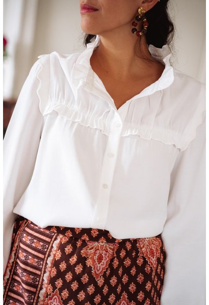 Chemise Thelma - Chemise blanche manches longues col rond volant boutonnage intégral - Douze Juin