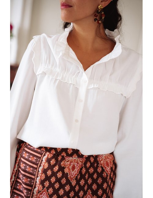 Chemise Thelma - Chemise blanche manches longues col rond volant boutonnage intégral - Douze Juin