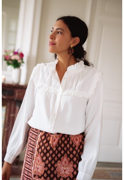 Chemise Thelma - Chemise blanche manches longues col rond volant boutonnage intégral - Douze Juin
