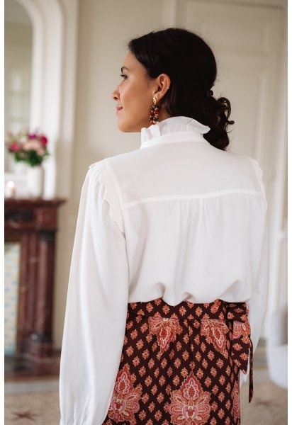 Chemise Thelma - Chemise blanche manches longues col rond volant boutonnage intégral - Douze Juin