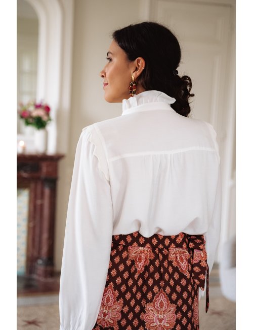 Chemise Thelma - Chemise blanche manches longues col rond volant boutonnage intégral - Douze Juin
