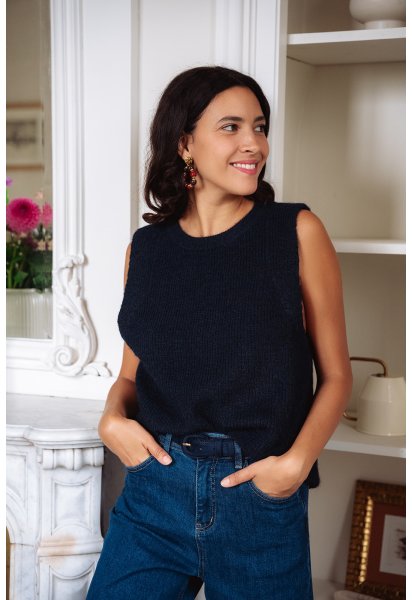 Pull Cesar navy - Pull marine sans manches encolure ronde coupe droite - Douze Juin