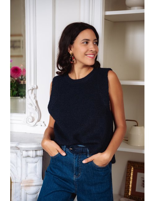 Pull Cesar navy - Pull marine sans manches encolure ronde coupe droite - Douze Juin