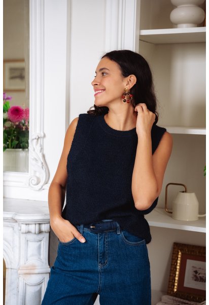 Pull Cesar navy - Pull marine sans manches encolure ronde coupe droite - Douze Juin