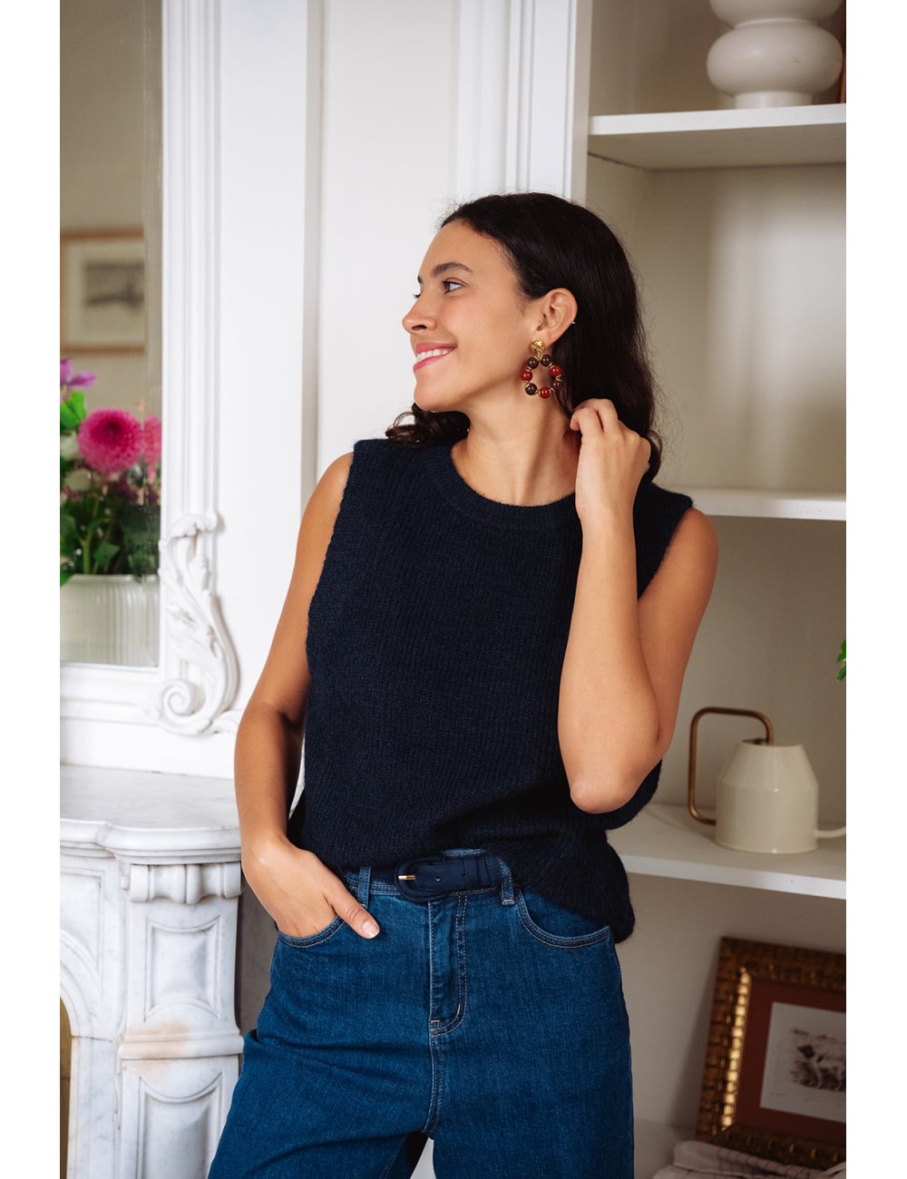 Pull Cesar navy - Pull marine sans manches encolure ronde coupe droite - Douze Juin