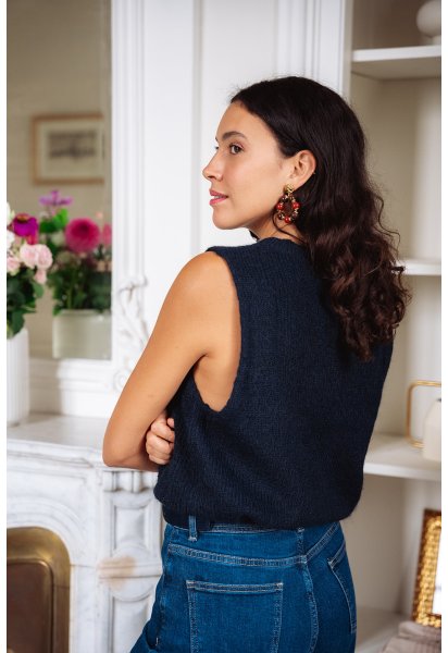 Pull Cesar navy - Pull marine sans manches encolure ronde coupe droite - Douze Juin