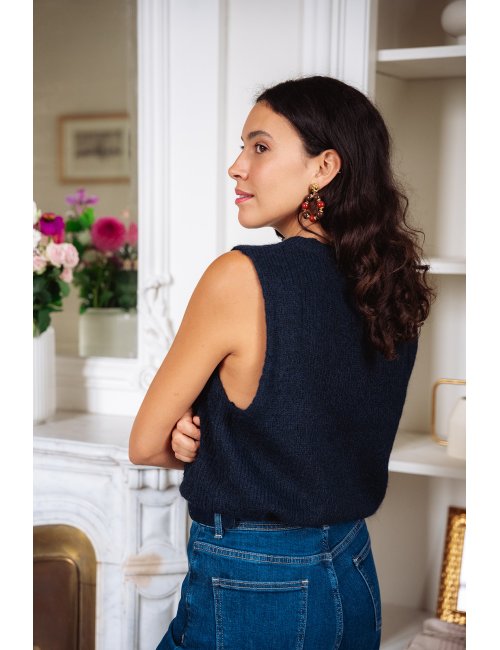 Pull Cesar navy - Pull marine sans manches encolure ronde coupe droite - Douze Juin