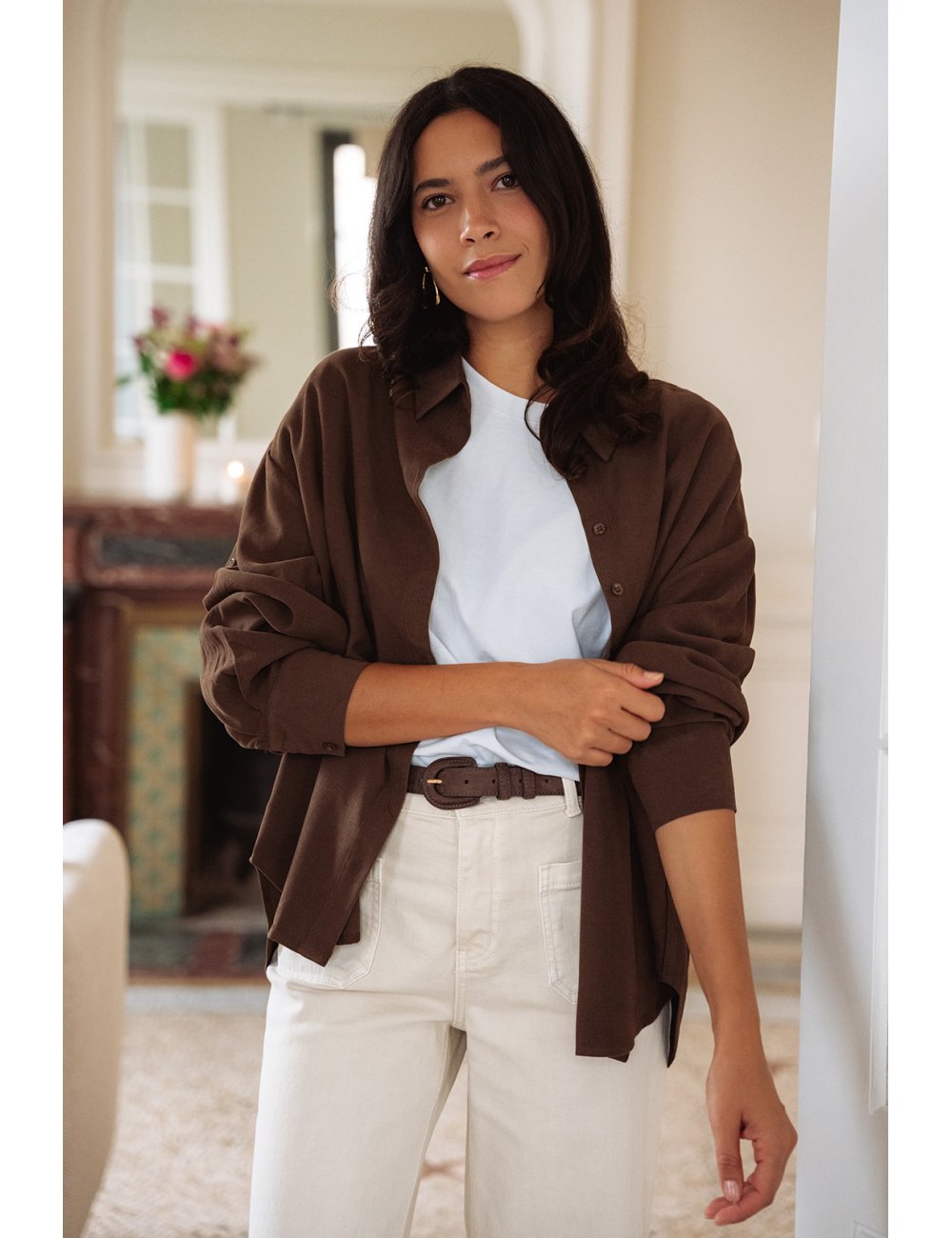 Chemise Alma - Chemise marron manches longues col chemise boutonnage intégral coupe ample - Douze Juin
