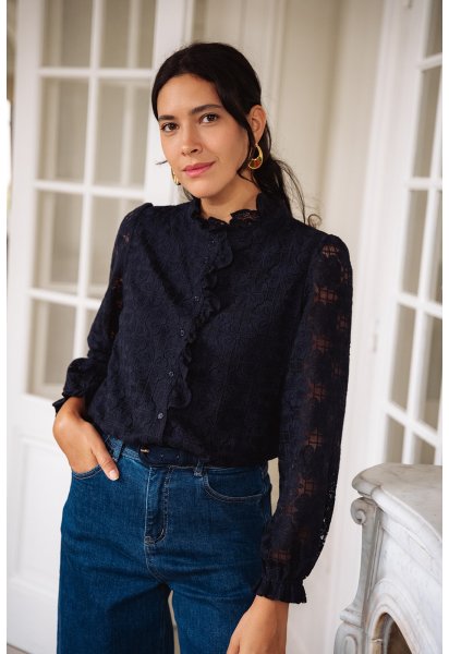 Chemise Adélie - Chemise marine manches longues encolure volant boutonnage intégral - Douze Juin