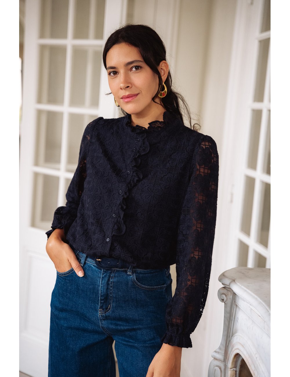 Chemise Adélie - Chemise marine manches longues encolure volant boutonnage intégral - Douze Juin