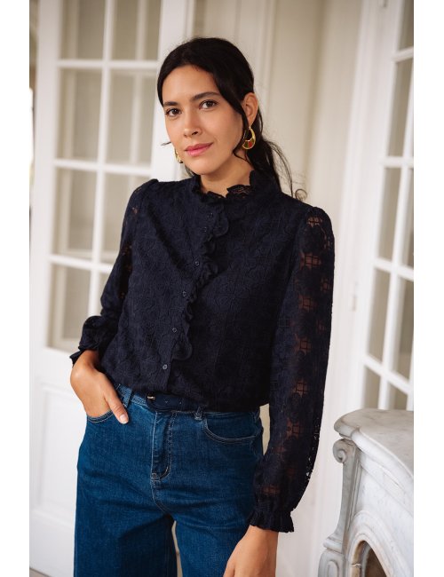 Chemise Adélie - Chemise marine manches longues encolure volant boutonnage intégral - Douze Juin