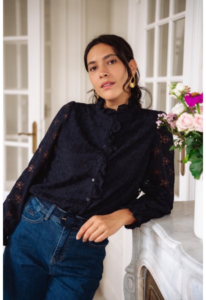 Chemise Adélie - Chemise marine manches longues encolure volant boutonnage intégral - Douze Juin
