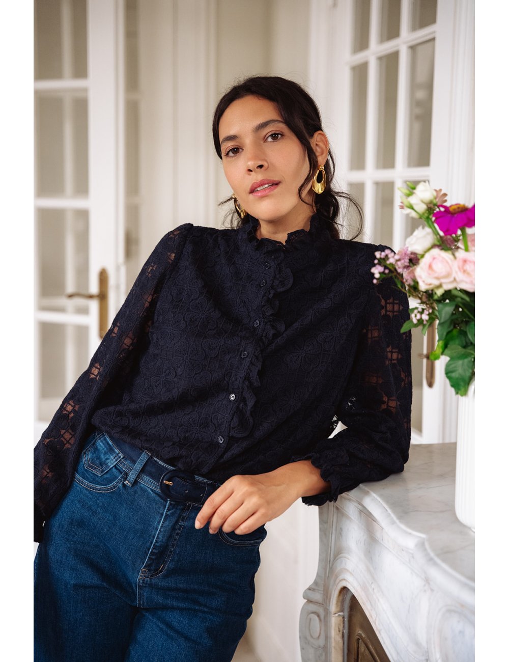 Chemise Adélie - Chemise marine manches longues encolure volant boutonnage intégral - Douze Juin