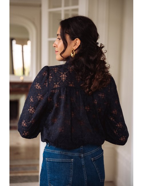 Chemise Adélie - Chemise marine manches longues encolure volant boutonnage intégral - Douze Juin