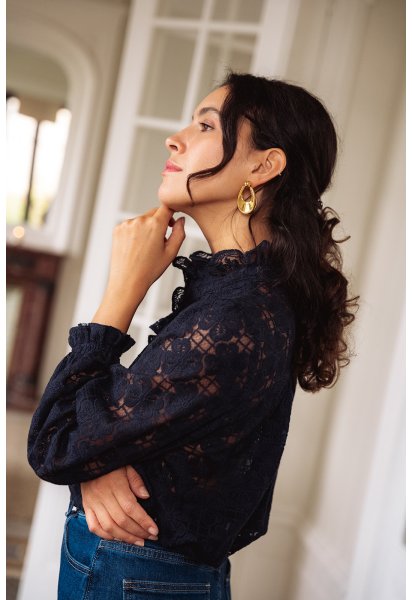 Chemise Adélie - Chemise marine manches longues encolure volant boutonnage intégral - Douze Juin