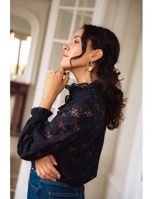 Chemise Adélie - Chemise marine manches longues encolure volant boutonnage intégral - Douze Juin