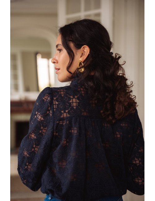 Chemise Adélie - Chemise marine manches longues encolure volant boutonnage intégral - Douze Juin