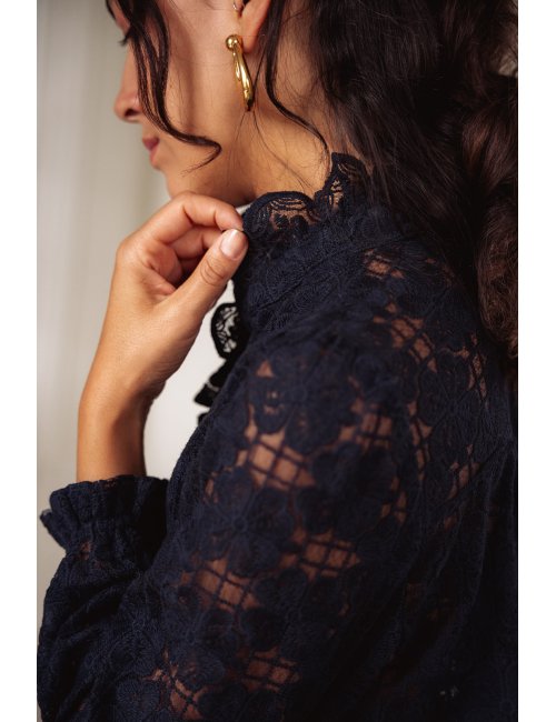 Chemise Adélie - Chemise marine manches longues encolure volant boutonnage intégral - Douze Juin