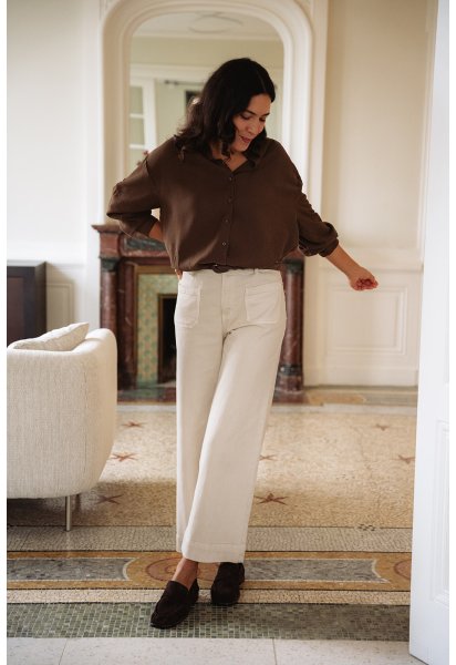 Pantalon Léone - Denim beige taille haute jambes larges poches plaquées - Douze Juin