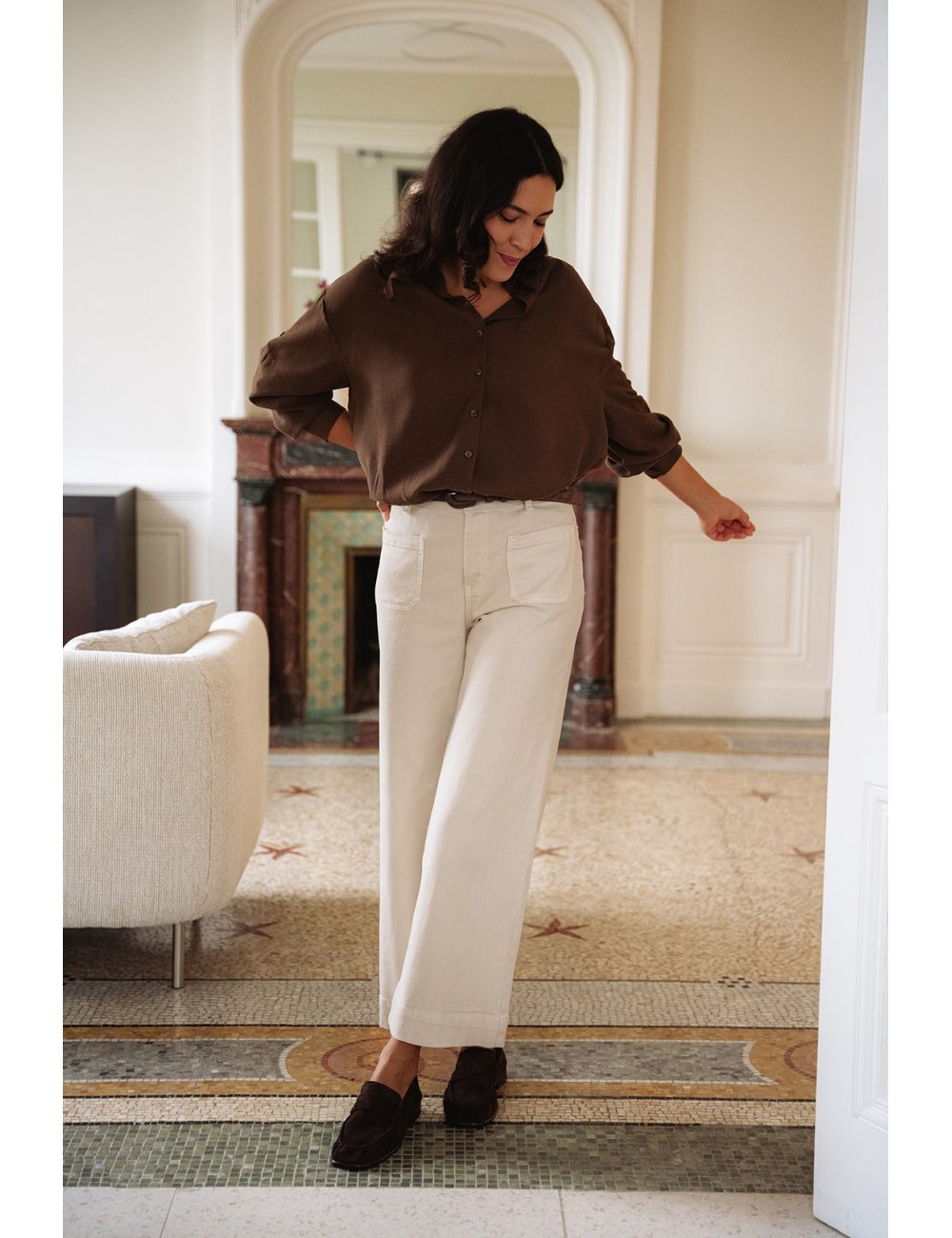 Pantalon Léone - Denim beige taille haute jambes larges poches plaquées - Douze Juin