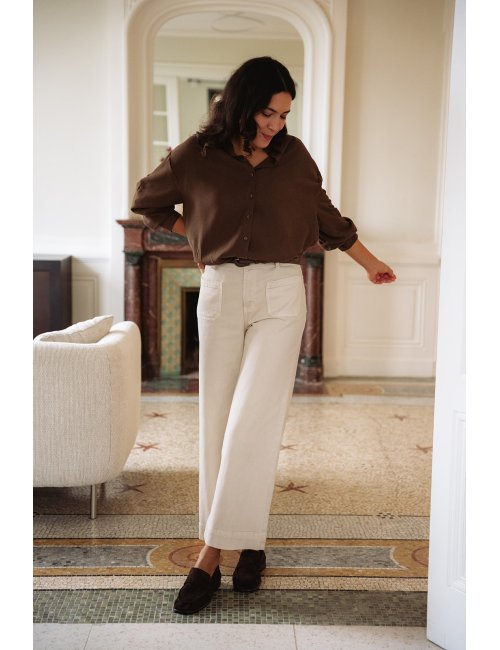 Pantalon Léone - Denim beige taille haute jambes larges poches plaquées - Douze Juin