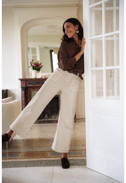 Pantalon Léone - Denim beige taille haute jambes larges poches plaquées - Douze Juin