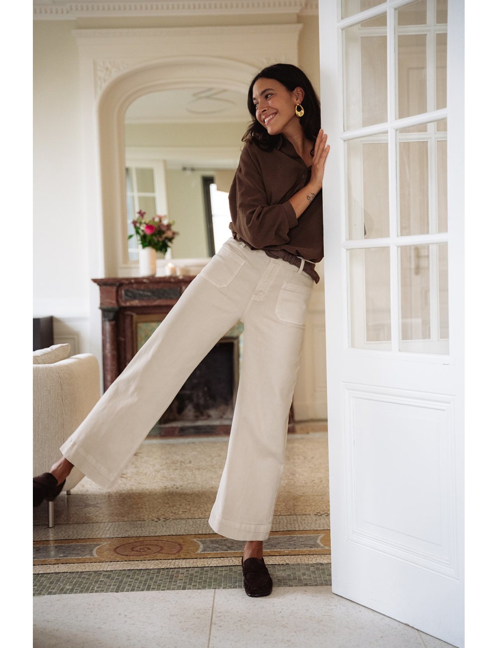 Pantalon Léone - Denim beige taille haute jambes larges poches plaquées - Douze Juin