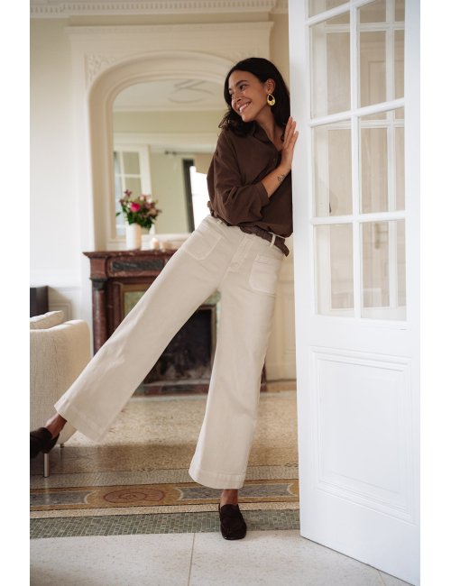 Pantalon Léone - Denim beige taille haute jambes larges poches plaquées - Douze Juin