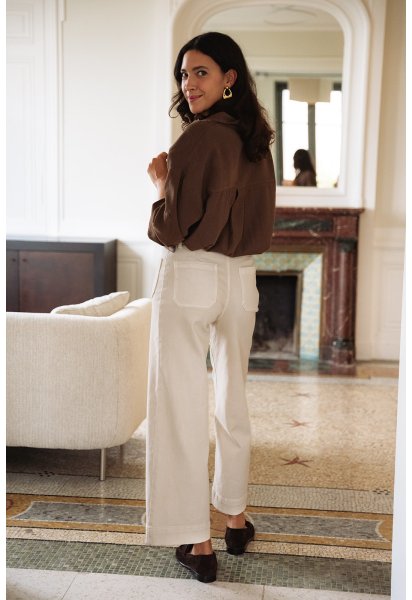 Pantalon Léone - Denim beige taille haute jambes larges poches plaquées - Douze Juin